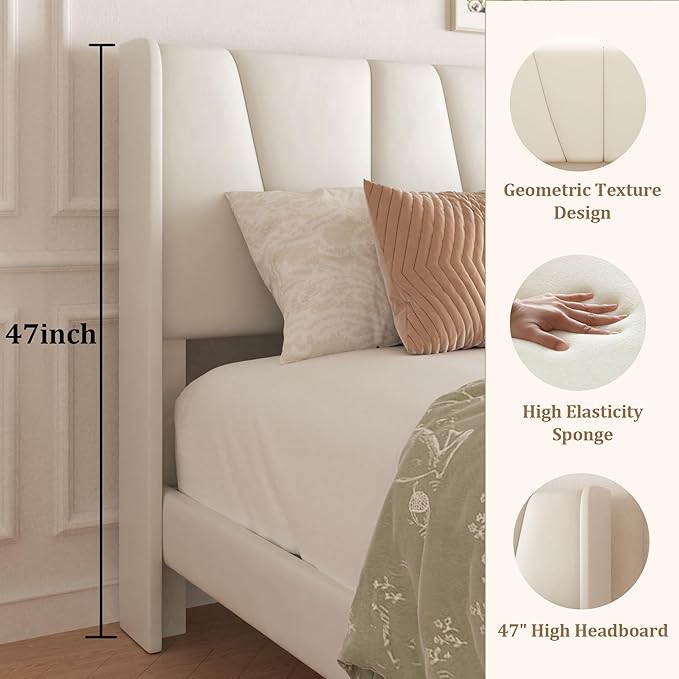 King Bed Frame with Storage Drawers, Velvet Upholstered Platform Bed with 47" Tall Headboard and Wingboard, No Box Spring Needed, NO Noise, Easy Assembly, Wooden Support Slats, Beige