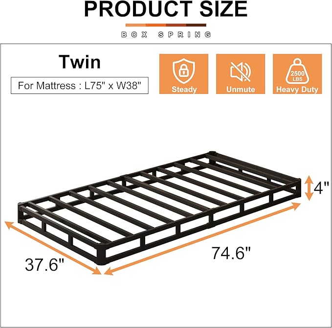 EMODA 4 Inch Twin Box Spring Heavy Duty Metal Mattress Foundation Bed Base with Fabric Cover, Easy Assembly