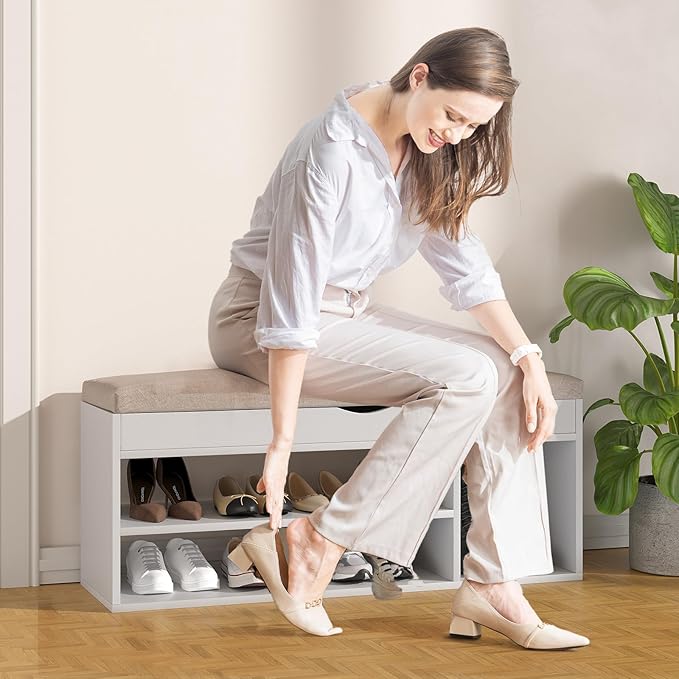 Apicizon 39 Inches Storage Bench with Padded Cushion, Shoe Bench with Storage Space, Upholstered Entryway Bench for Living Room, 2-Tier Shoe Rack Organizer, White