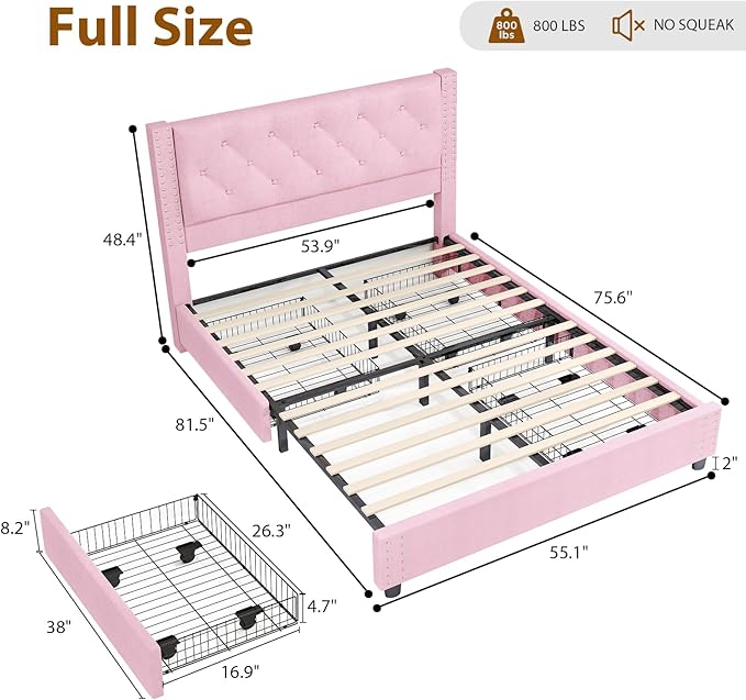 EVLIQUIL Bed Frame Full Size with 4 Storage Drawers, Upholstered Headboard & Frame, Sturdy Metal Frame & Wood Slats, Platform Bed Frame No Box Spring Needed, Easy Assembly, Pink