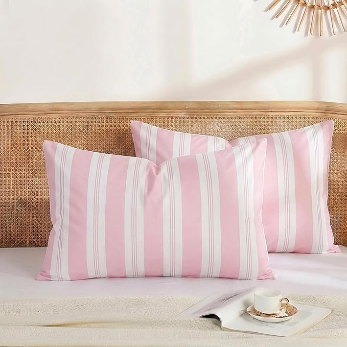 Merryword Pink Striped Pillowcases, 100% Cotton Pillow Cases, King Size Pillowcases, Luxury Linen Like Pillowcase, Soft Breathable Stripe Pillow Covers, Set of 2