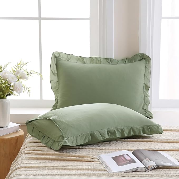 Merryword Avocado Green Pillow Shams Green Ruffle Standard Pillowcases Cute Pillow Cover Set of 2 Shabby Chic Soft Microfiber Pillowcases 2 Pack