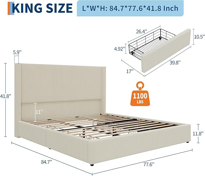 IDEALHOUSE King Size Bed Frame with Storage Drawers, Corduroy Upholstered Platform Bedframe with Wingback, Headboard and Footboard, No Box Spring Needed, Beige