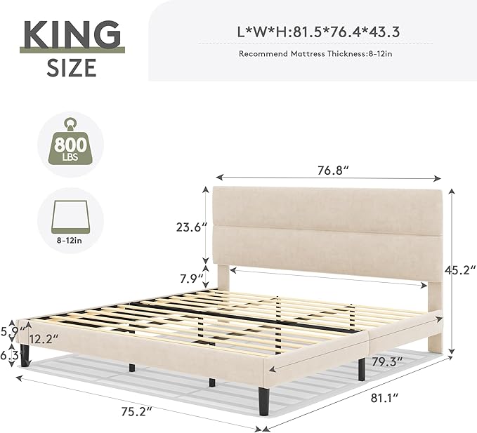 GRUSIGN King Size Platform Bed Frame with Velvet Headboard, Adjustable Height Wooden Slats Support, Upholstered Mattress Foundation, Fits Mattress or Mattress with Box Spring, Easy Assembly, Beige