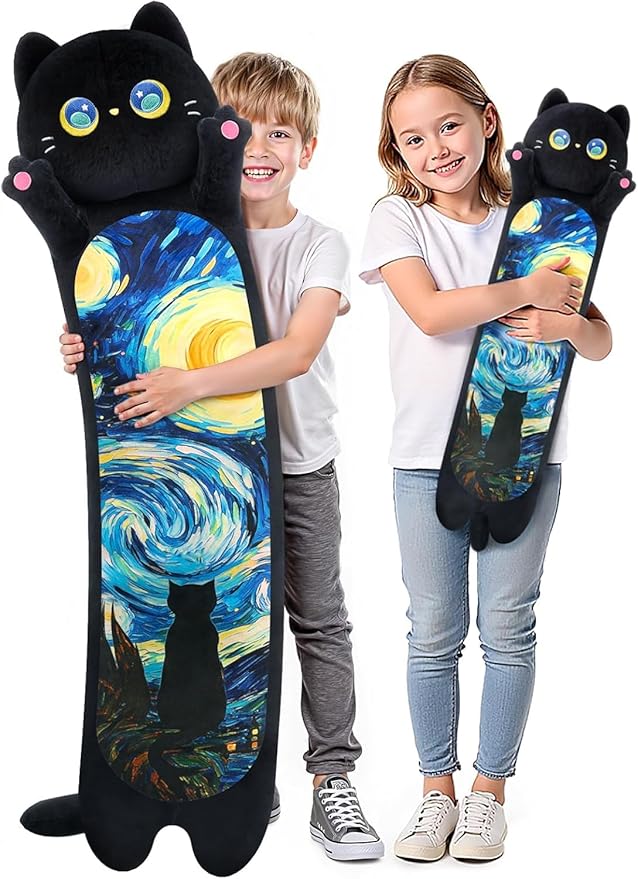 Mewaii Long Cat Plush 5 Sizes, 120% Extra Filling Giant Plushness Kids Body Pillow, Kawaii Cute Black Starry Cat Stuffed Animals Plushies, Big Long Black Cat Body Pillow Plush Gift for Girls 20”