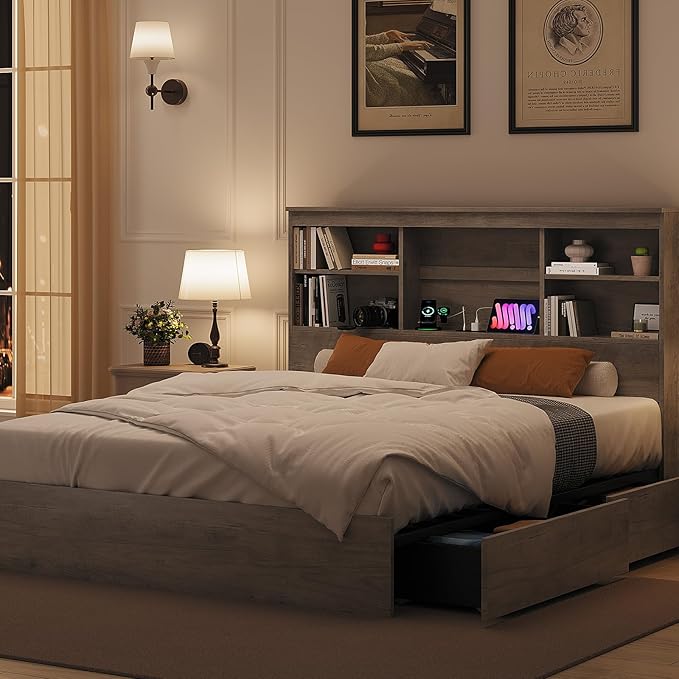 GarveeHome King Size Bed Frame with High Storage Bookcase Headboard, Wood Bed Frame with 4 Storage Drawers, Built in Charging Station, No Box Spring Needed, Metal Frame, Noise-Free, Grey