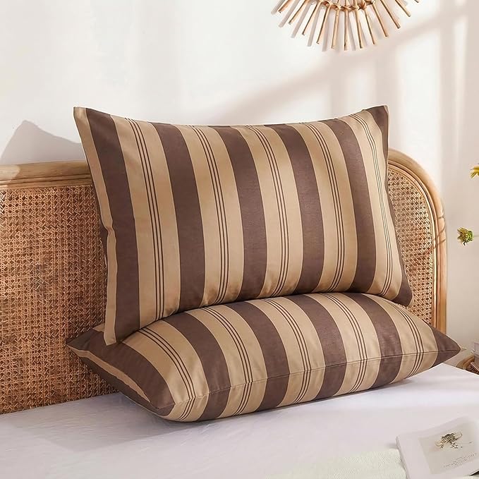 Merryword Brown Striped Pillowcases, 100% Cotton Pillow Cases, Standard Size Pillowcases, Luxury Linen Like Pillowcase, Soft Breathable Stripe Pillow Covers, Set of 2
