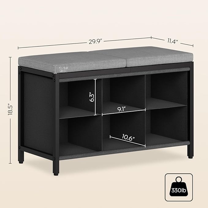 YATINEY Shoe Storage Bench with Cushion, Entryway Bench, Shoe Rack with Padded Seat and 6 Oxford Compartments, for Closet, Bedroom, Entryway, Black and Gray HX01BK