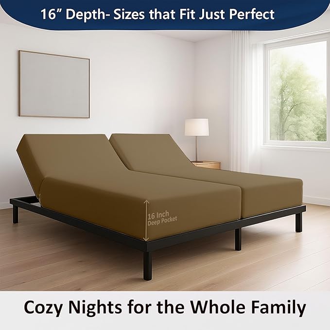 5 Piece Split Cal King Sheet Set, 100% Egyptian Cotton, 16 Inch Deep Pockets, Taupe Solid, Soft Cooling Sheets for Adjustable Beds, Sleep Number Beds, Split Cal King Mattress Sheet Set