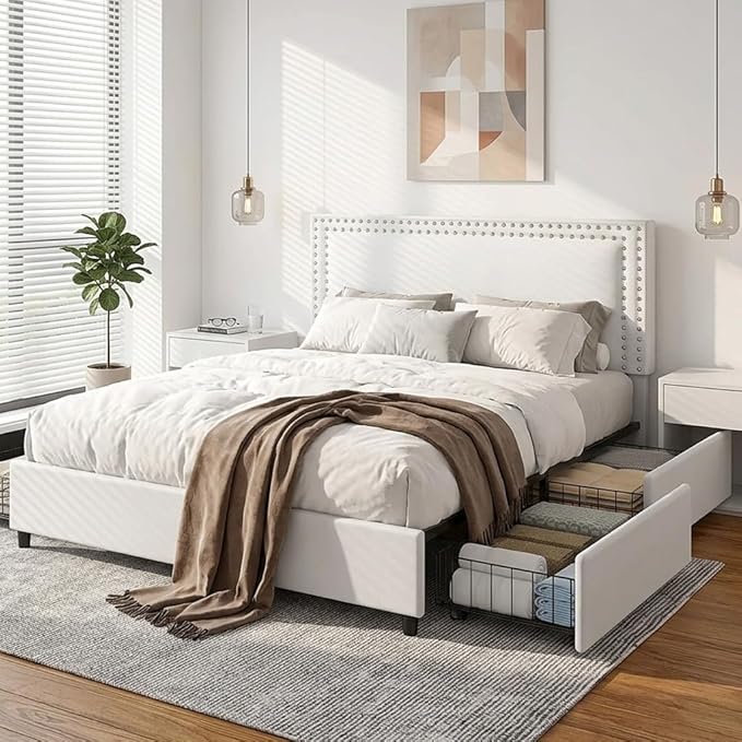 VECELO King Size Upholstered Bed Frame with 4 Storage Drawers, Adjustable Velvet Rivet Decor Headboard, Wooden Slats Platform Support, No Box Spring Needed, Easy Assembly,White