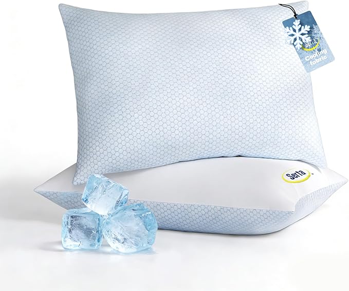 Serta Cooling Down Alternative Bed Pillows King Size Set of 2, Reversible Cooling & Cotton Fabric, Medium Firm, Breathable Support for Hot, Side, Back & Stomach Sleepers, 20" x 36"