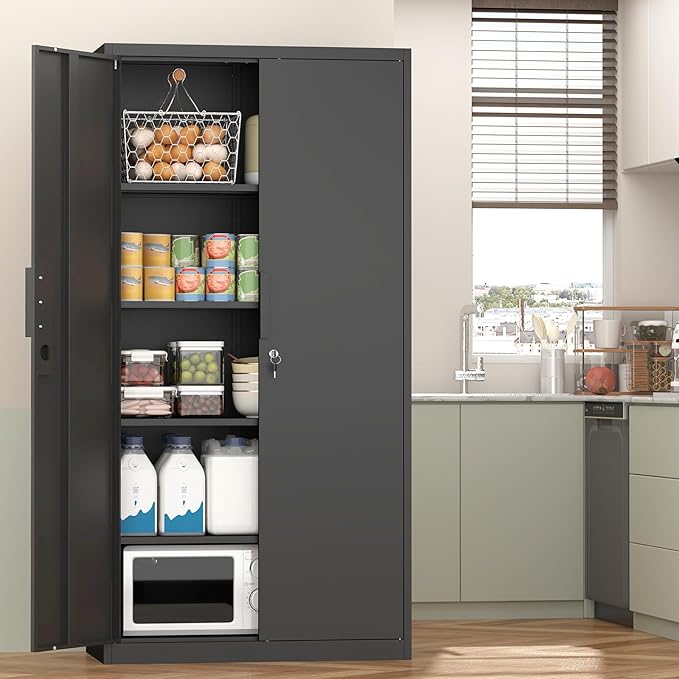 IRONFFICE 72" H Metal Garage Cabinet,Metal Lockable Storage Cabinet with 2 Doors, Locking Tall Garage Storage Cabinets with Adjustable Shelves,Tool Cabinets for Home Office,Gym,School (Black)