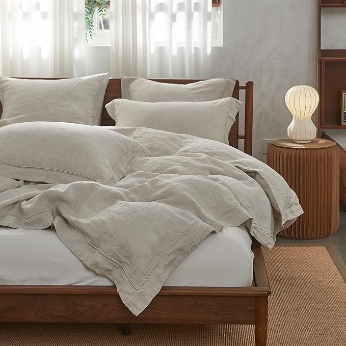 Simple&Opulence 100% Linen Duvet Cover Set with Embroidery Border Washed - 2 Pieces (1 Duvet Cover & 1 Pillow Sham) with Button Closure Soft Breathable Farmhouse - Linen, Twin Size