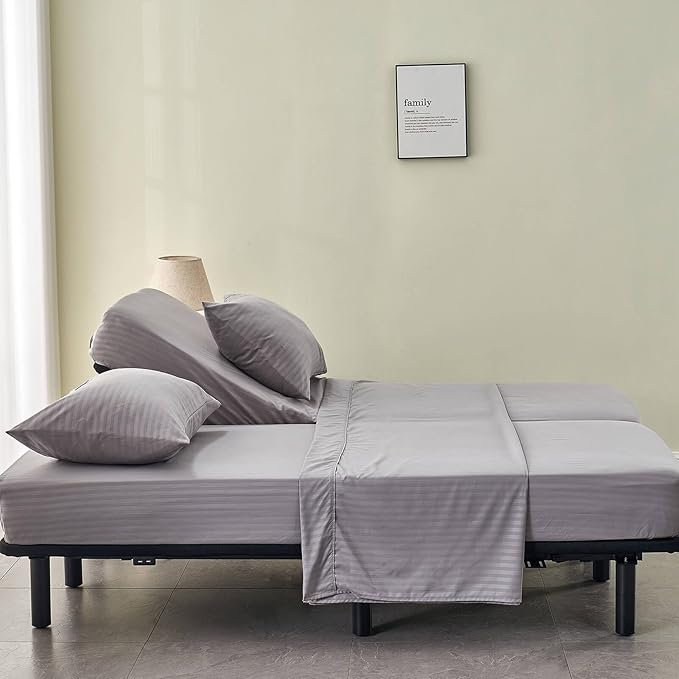 Kingnex Striped Split King Sheets Sets for Adjustable Bed with Deep Pocket Ultra Soft 1800 Brushed Microfiber 5 Pieces Include 2 Twin XL 39x80 Fitted Sheets 1 Flat Sheet 2 King Size Pillowcases Grey