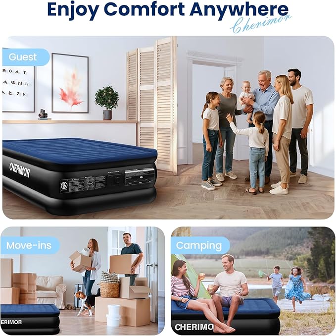 CHERIMOR Twin XL Air Mattress with Built in Pump, Upgraded 80" Length, 18" Raised Twin Blow Up Mattress, Multi-Layer Leakproof & Support 500 lbs, 2-Min Fast Inflation Air Bed for Home Camping Guests