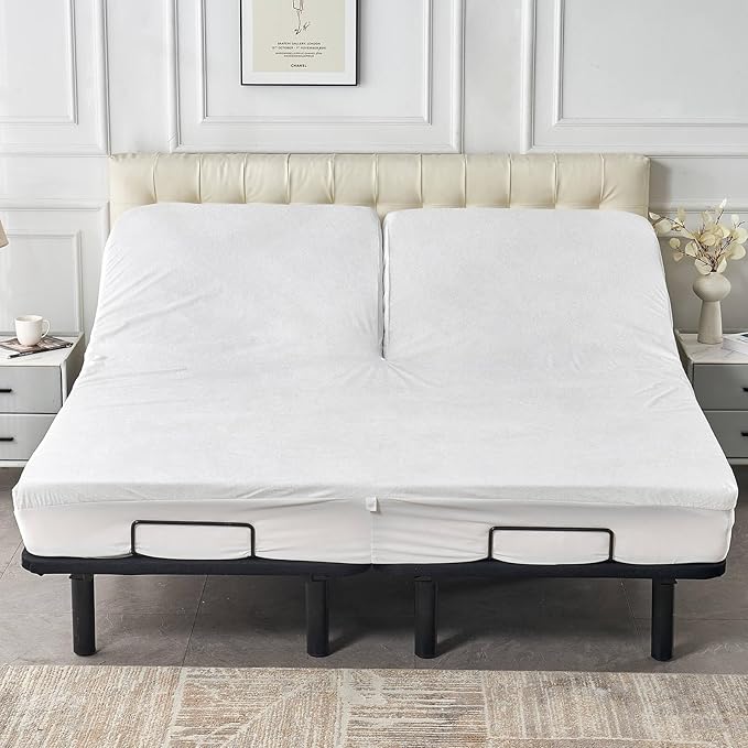 Kingnex Waterproof Partial Split Top Cal King Mattress Protector for Adjustable Bed with 32-34" Upper Flex Head Noiseless Soft Bamboo Viscose Terry Fitted Mattress Cover