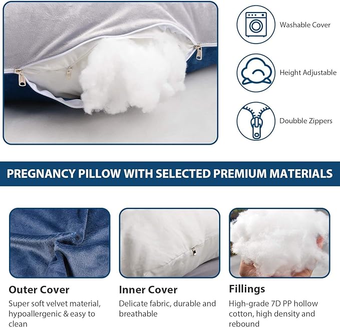 U-Shaped Full Body Pregnancy Pillow for Sleeping – 57" Maternity Pillow with Removable Cover, Support for Back, Legs, Belly & Hips (Velvet-Blue and Grey)