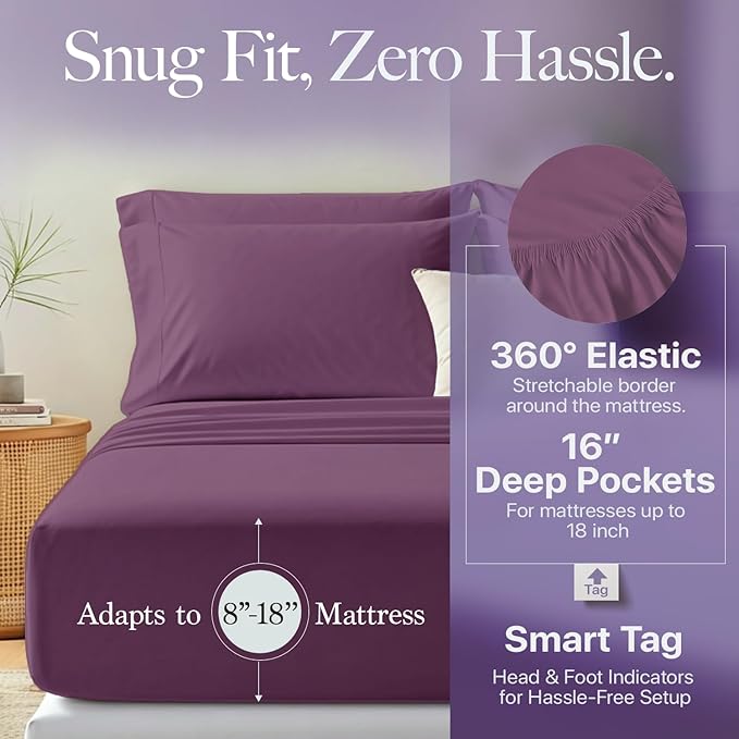 Carressa Linen 100% Egyptian Cotton Full Size Sheets - 600 Series Hydrangeas Collection Full Size Egyptian Cotton Sheets (4 PC, Plum), 16" Deep Pocket Sateen Weave Luxury Hotel Bed Sheet Set