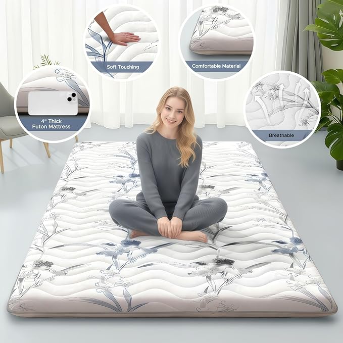 SCHNAUZER HOME Japanese Floor Mattress, 3.5" Thicken Ink Wash Floral Pattern Portable Futon Mattress, 100% High-Density Foam Tatami Mat Sleeping Pad for Camping Guest Room Dormitory RV, White, Queen
