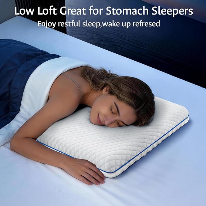Ultra Slim Cooling Pillow for Stomach and Back Sleepers 2.75 Inch, Support Gel Memory Foam Pillow for Neck Shoulder Pain Relief, Low Loft Thin Flat Bed Pillow for Sleeping Standard Size, Travel Kids