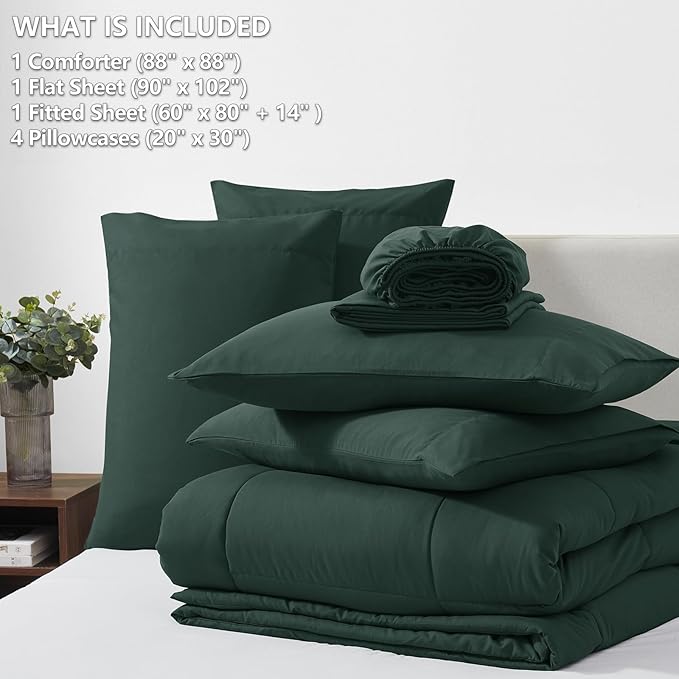 CozyLux Queen Comforter Set Forest Green, 7 Pieces Bed in a Bag, Green Comforters Queen Size, All Season Bedding Sets with Stitch Quilted Comforter, Flat Sheet, Fitted Sheet, Pillowcases