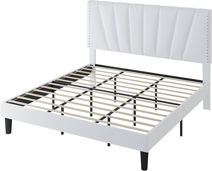 SHA CERLIN King Size Bed Frame with Adjustable Upholstered Velvet Rivets Headboard, Sturdy Wooden Slats, Strong Platform Support for Mattress, No Box Spring Needed, Easy Assembly, White