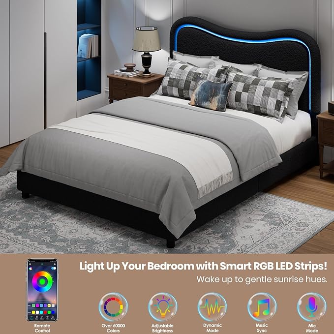 GarveeHome LED Queen Bed Frame with 2 Drawers and Headboard, Cute Upholstered Bed with Storage, Sturdy Platform Bed, No Box Spring Needed, Wooden Slats, Noise Free, Black