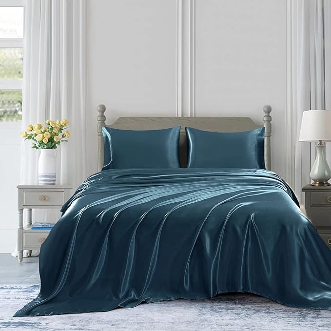 Homiest 4pcs Satin Sheets Set Luxury Silky Satin Bedding Set with Deep Pocket, 1 Fitted Sheet + 1 Flat Sheet + 2 Pillowcases (King Size, Deep Sea Blue)