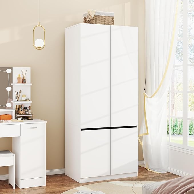 Armoire Wardrobe Closet with Doors: 75" White Large Wardrobe Closet with 2 Doors, Clothes Cabinets for Bedroom Armoires with Storage, Wood Wardrobes Closets for Hanging Clothes (C-Style, 31.5")