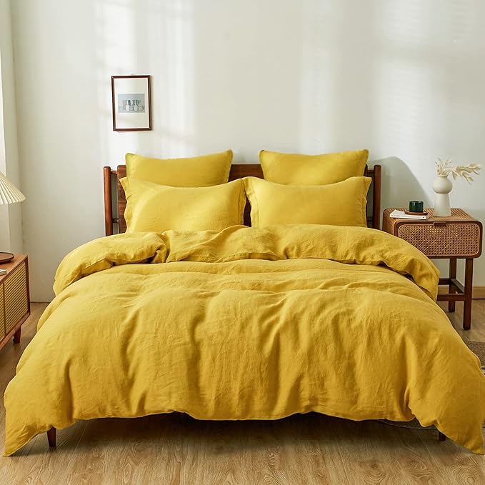 Simple&Opulence 100% Linen Duvet Cover Set 3pcs Basic Style Natural French Washed Flax Solid Color Soft Breathable Farmhouse Bedding with Button Closure - Mustard Yellow, Queen