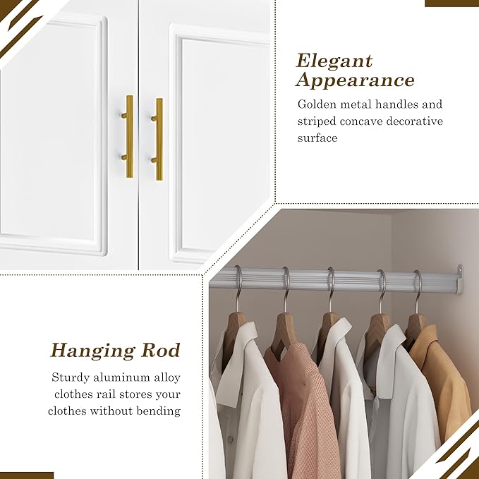 Hlivelood Large Armoire Wardrobe Closet Cabinet with Drawers and LED Lights, Multi-Tier Shelves, Hanging Rod, Large Capacity Storage 4 Door Wardrobe Armoire with Top Cabinet for Bedroom, White