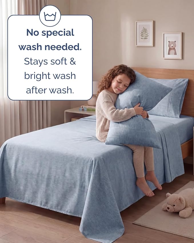 Twin 4 Piece Sheet Set - Comfy, Breathable & Cooling - Soft Hotel Luxury Bedding for Women, Men, Kids, Teens and Children - 1 Flat & 1 Fitted Sheet & 2 Pillowcases with Deep Pockets - Heathered Blue