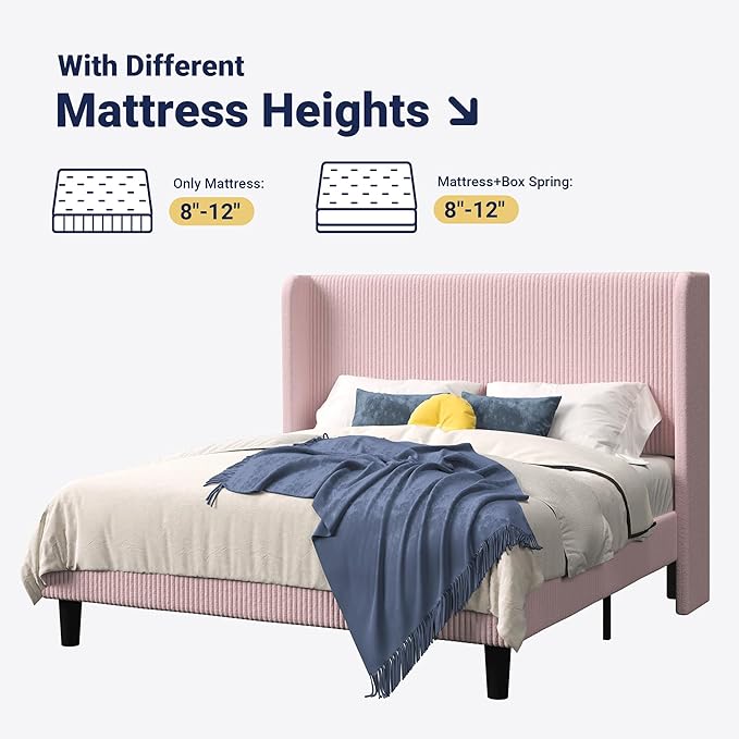 Allewie Queen Size Bed Frame with Upholstered Wingback Headboard, Vertical Channel Tufted Corduroy Velvet Platform Bed, Strong Wooden Slats Support, No Box Spring Needed, Easy Assembly, Light Pink