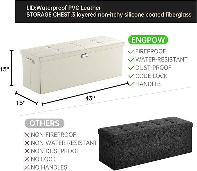 ENGPOW Storage Ottoman, Fireproof Folding Bench with Lock(15”x 43”x15”), Water-Resistant ＆ Heat Insulation Large Storage Chest with Handles＆2 Extra Spaces Safe for Living Room, Bedroom, Home, Beige