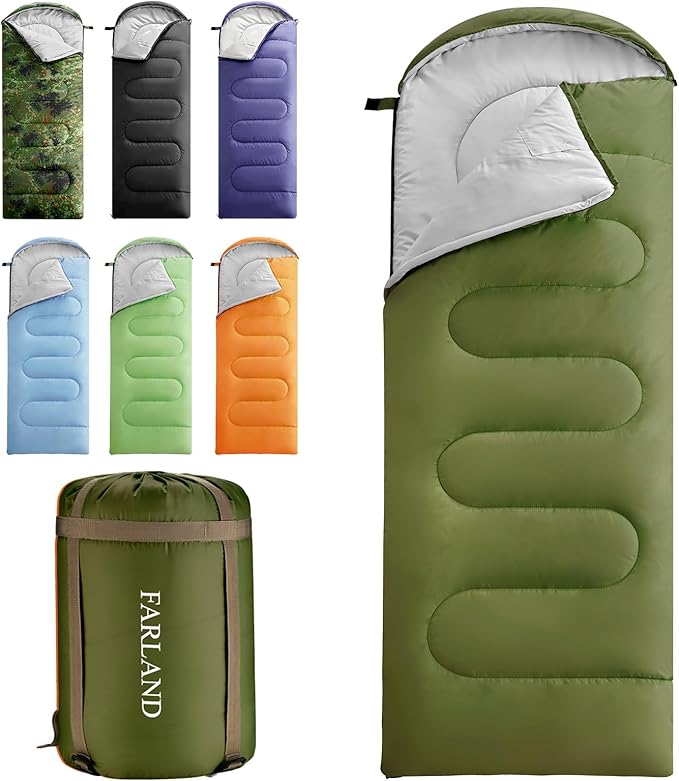 FARLAND Sleeping Bags for Adults, 3 Season Warm & Cool Weather, Lightweight Camping Sleeping Bag for Kids Family Camping Essentials with Compression Sack for Hiking