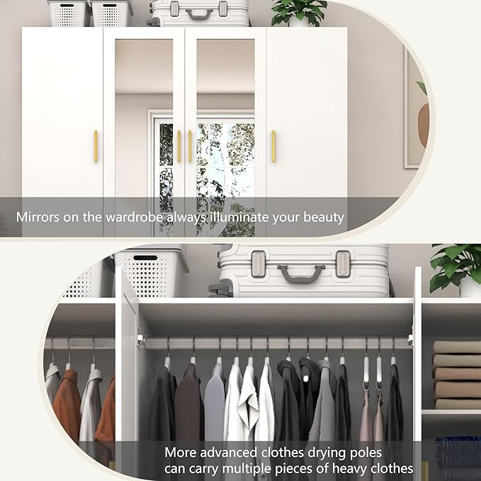 jiteentarou 4 Door Wardrobe Closet with Mirrors and LED Lights, Bedroom Armoire with Drawers and Shelves, Modern Wooden Armoire Wardrobe Closet with Hanging Rod for Bedroom, White