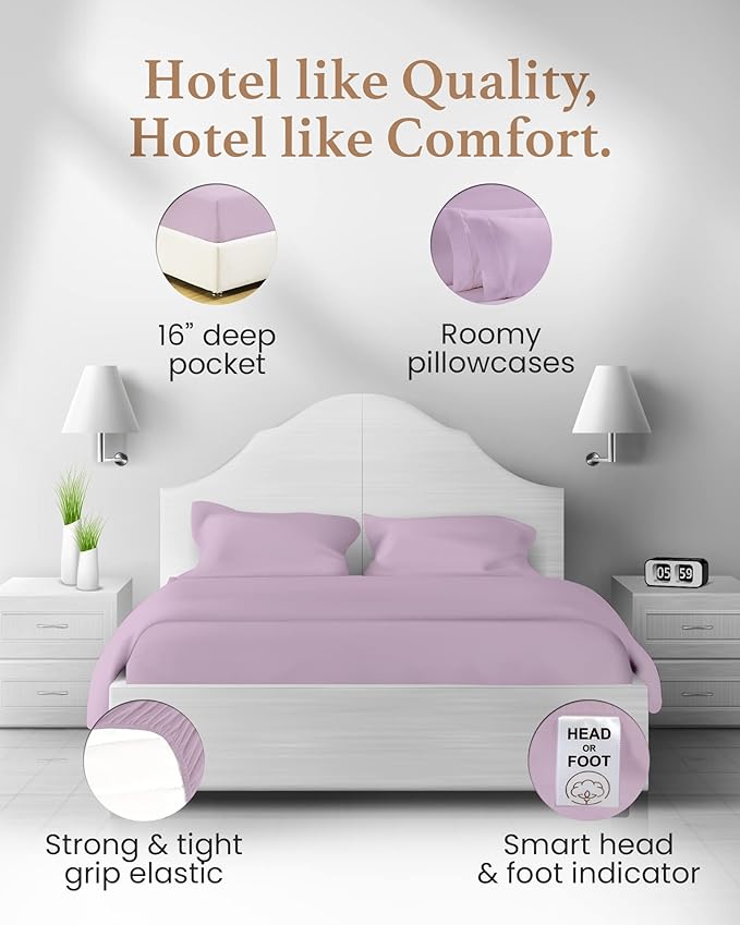 Good Sleep Bedding Cal King Sheet Set, 4 Piece, 100% Egyptian Cotton Sheets California King, Sateen Weave Bed Sheet, Ultra-Soft, 16" California King Sheets Deep Pockets - Lavender