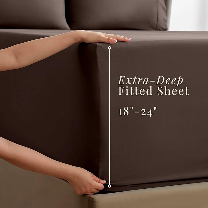 Hearth & Harbor Extra Deep Pocket Sheets - Fits Mattress 18-24 Inches Deep - Extra Deep Pocket Full Size Sets - 6 Piece Full Size - Full - Brown