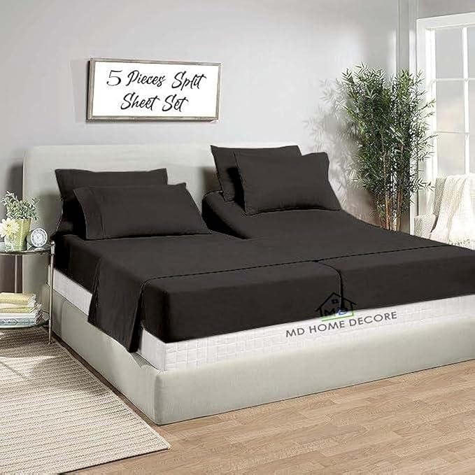 5 Piece Split King Sheet Set, 100% Egyptian Cotton, 16 Inch Deep Pockets, Dark Grey Solid, Soft Cooling Sheets for Adjustable Beds, Sleep Number Beds, Split King Mattress Sheet Set