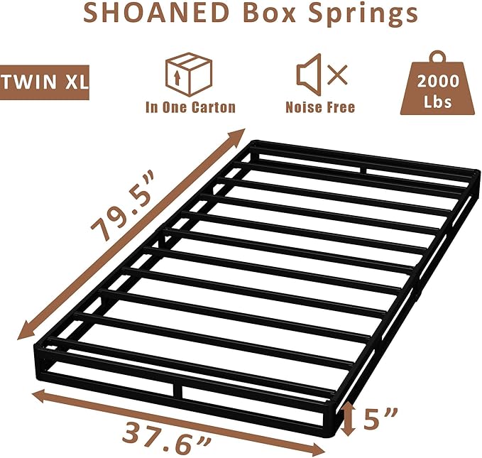 SHOANED Twin XL Metal Box Springs - 5 Inch Low Profile Heavy Duty Black Basics Bed Base Non Slip Box Spring Mattress Foundation, Easy Assembly, No Noise
