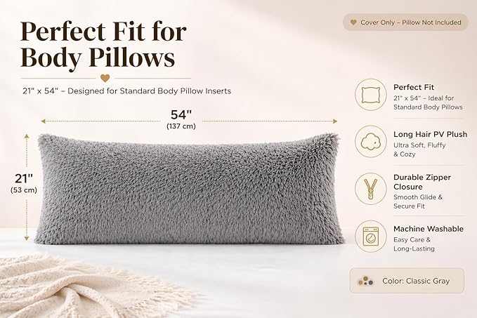 Reafort Luxury Faux Fur Body Pillow Cover 21" x 54", Long Hair PV Plush Body Pillow Case with Hidden Zipper Closure, Ultra Soft Fluffy Decorative Long Pillow Cover (Gray, Body)
