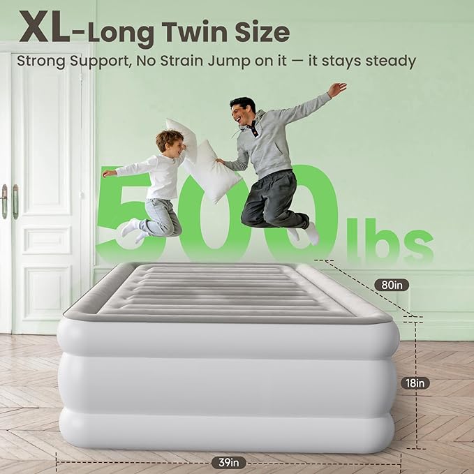 CHERIMOR Twin XL (Extra Long) Air Mattress with Built in Pump, 18" Raised Comfort, Anti-Sag Horizontal Beam, Supports 500 lbs Blow Up Mattress, Multi-Layer Leak Proof Air Bed for Home Guests Camping
