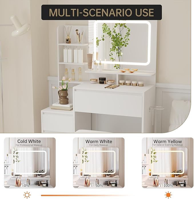 GarveeHome Makeup Vanity with Mirror and Lights, 36-Inch Vanity Desk, 4 Large Drawers Dresser, 3 Lighting Modes, Stool & Charging Station, Modern Vanity Table for Bedroom, Women,
