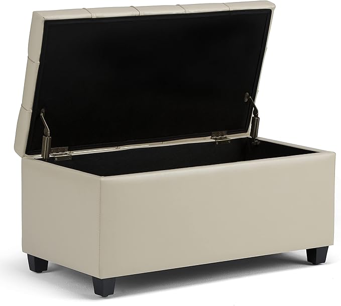 SIMPLIHOME Sienna Storage Ottoman Bench - 33 inch Wide Upholstered Vegan Leather Rectangle Storage Ottoman Bench in Stone Grey, Transitional Tufted Ottoman for Living Room or Entryway with Lift Top