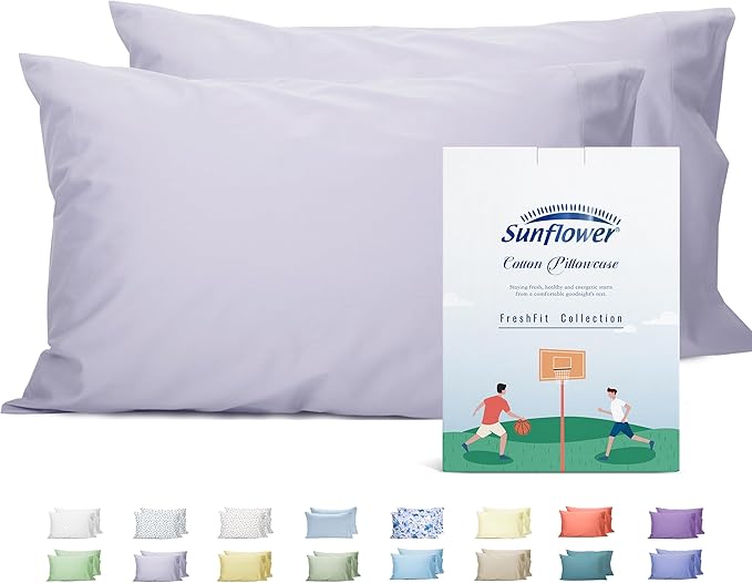 Sunflower Queen Pillowcases Set of 2, 100% Cotton Queen Size Pillow Cases 2, 20×30 inches Light Purple, Soft and Breathable