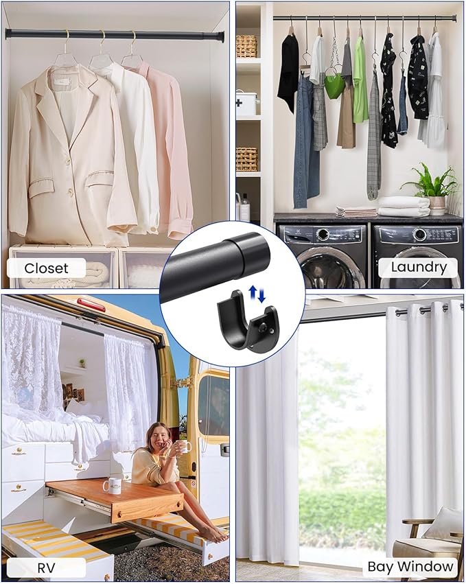 Supforce Closet Rods for Hanging Clothes, 17 to 28 Inches Stepless Adjustable Metal Closet Rod, 1.3 Inches Heavy Duty Clothes Hanging Rod for Closet Wardrobes Laundry RV, Black