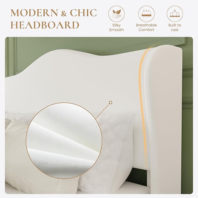 SHA CERLIN King Size Velvet Platform Bed Frame with Elegant Wingback Headboard, Modern & Luxurious Design, Sturdy Wooden Slats, No Box Spring Required, Easy Assembly, Noise-Free, Soft White
