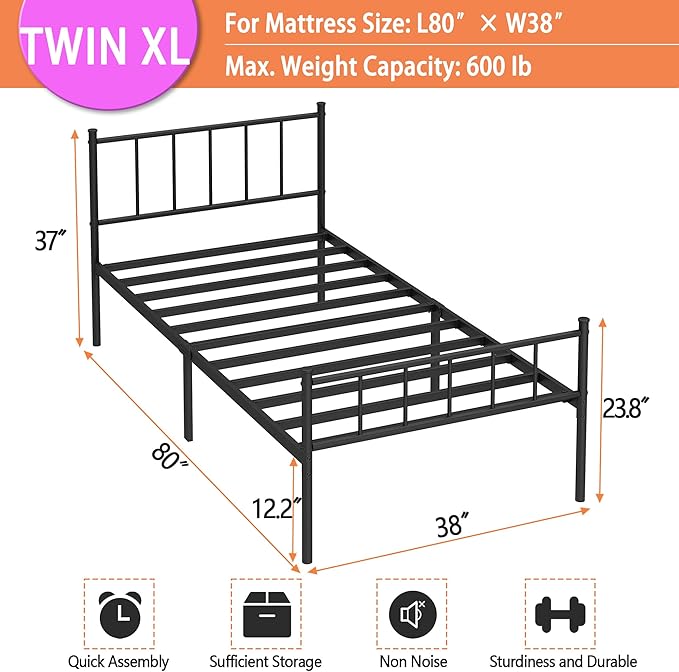 DIIYIV Twin XL Bed Frame-Classic Metal Platform Bed Frame,Mattress Foundation with Steel Slat Support,Under Foundation Storage,No Box Spring Needed, Easy Assembly,Twin XL Size