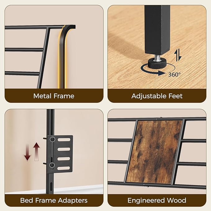 MAHANCRIS King Size Headboard Only, Metal Headboard with 2 Power Strips, Reclining Backrest, with Bed Frame Adapters, Easy Assembly, Rustic Brown and Black