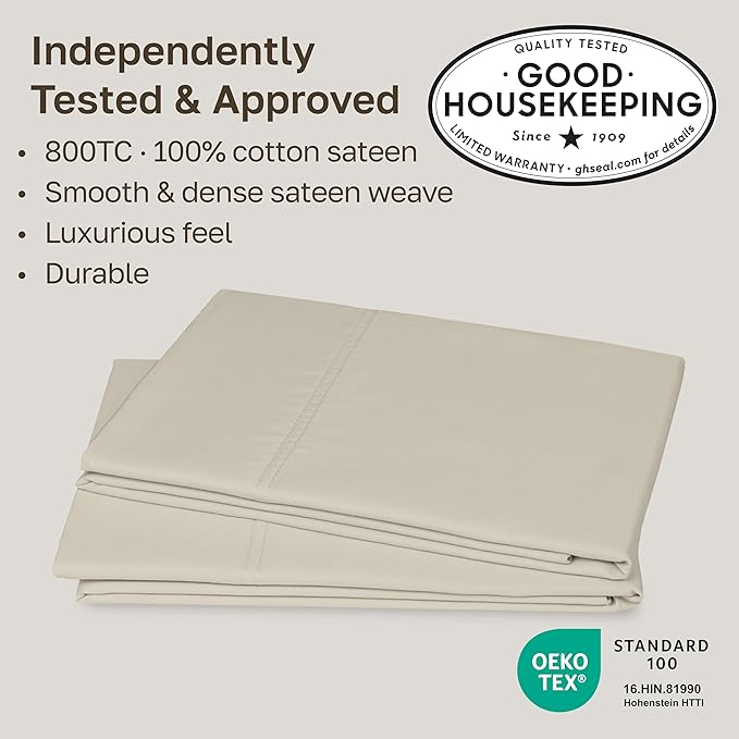 California Design Den Pillow Cases Standard Size Set of 2-800 Thread Count Sateen, Natural 100% Cotton Pillowcases, Fits Standard & Queen Pillows - Beige